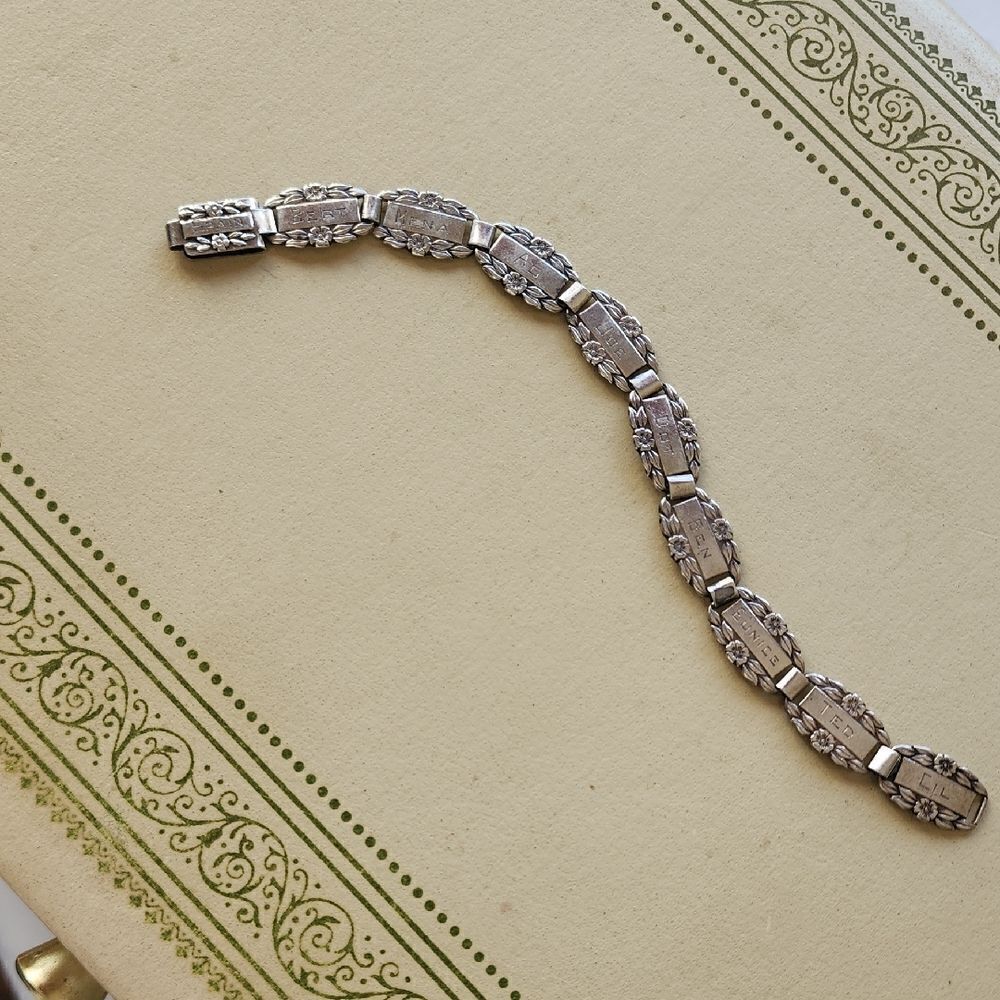 Estate WWII Sterling Silver Forget Me Not Bracelet Floral Engraved Names